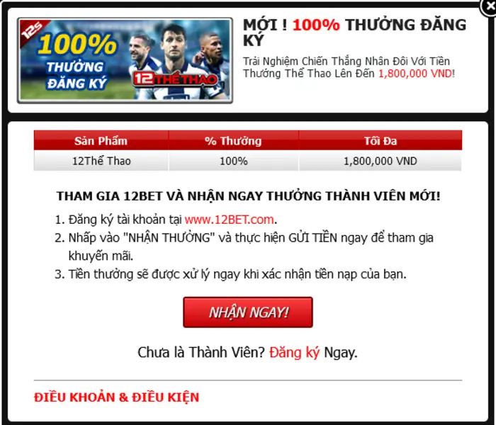 Khuyến mãi 12bet dành riêng cho thành viên mới